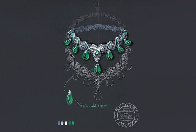 Model wearing Serpenti Baroque High Jewellery platinum necklace with emeralds and diamonds, close-up.