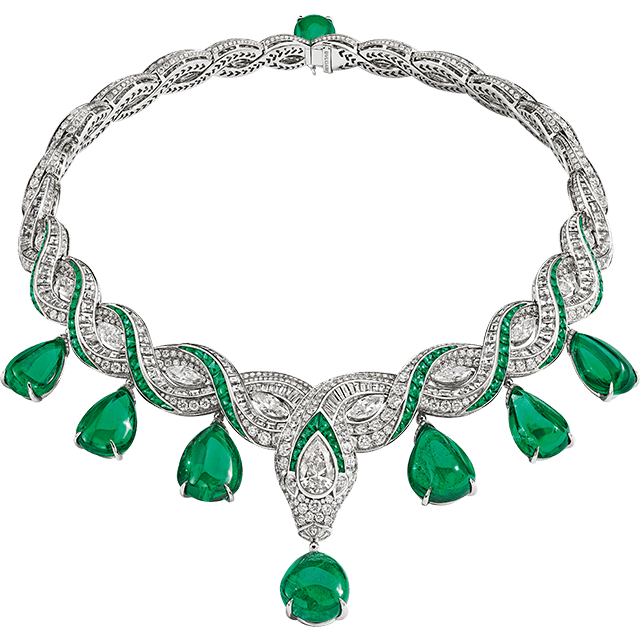 Serpenti Baroque High Jewellery platinum necklace with emeralds and diamonds, full view.