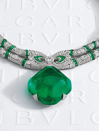 Muse of Rome Mediterranea High Jewelry necklace with emeralds and diamonds.