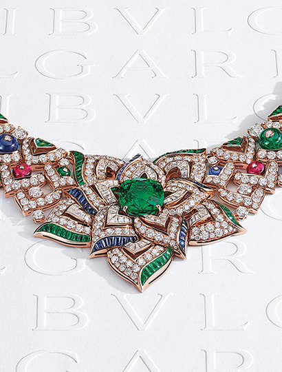 Oriental Buds Mediterranea High Jewelry rose gold necklace with emeralds, sapphires, pink tourmalines and diamonds.