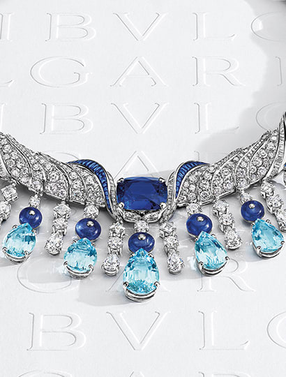 Mediterranean Muse Mediterranea High Jewelry platinum necklace with sapphires, aquamarines and diamonds.