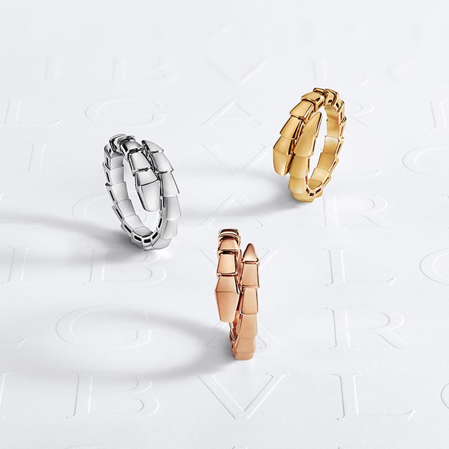 Picture representing Serpenti rings in rose, yellow and white gold.