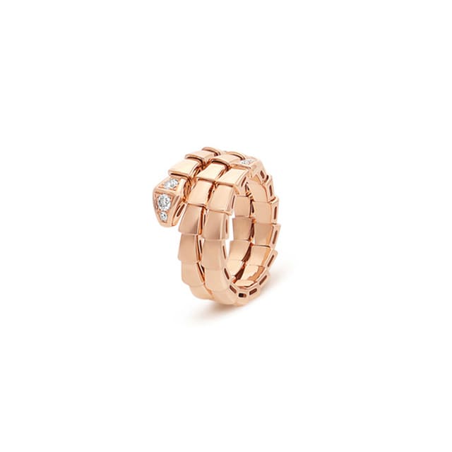 Serpenti Viper 18 kt yellow gold two-coil ring set with demi-pavé diamonds.