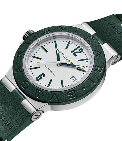 Bulgari Aluminium Match Point watch in aluminium and green rubber with white dial, close up.