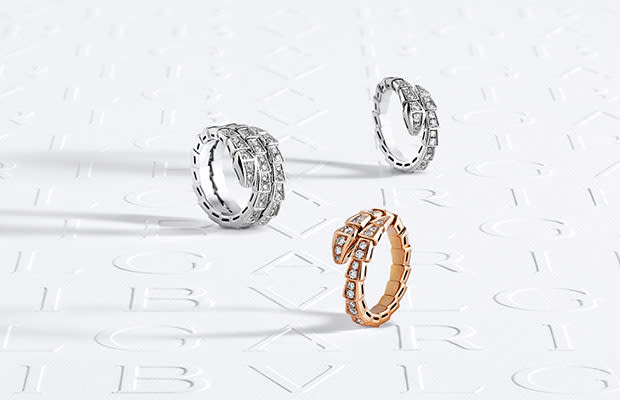 Serpenti rings set with pavé diamonds.