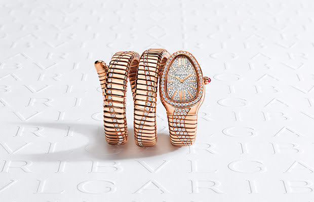 Serpenti Tubogas Infinity double-spiral watch in 18 kt rose gold set with diamond and full pavé dial.