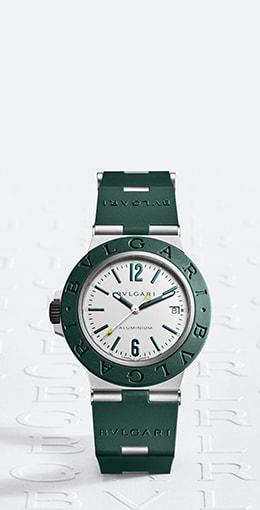 Bulgari Aluminium watch with chronograph, aluminium case, black rubber bracelet, logo backdrop.
