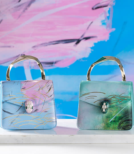 Serpenti Forever Top Handle bags in azure, pink and green calf leather, designed by artist Zhou Li.