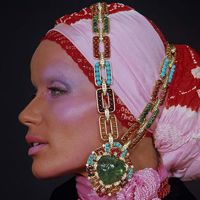 Model Veruschka wears a Bvlgari sautoir.