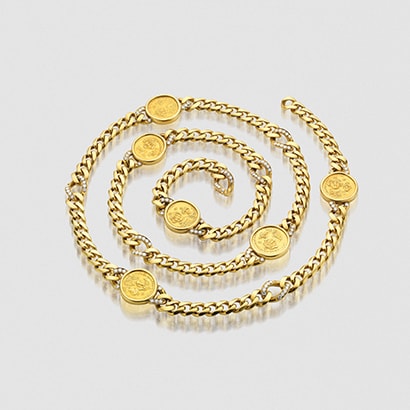 Necklace in gold with Byzantine gold coins and diamonds.