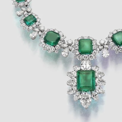 Necklace in platinum with emeralds and diamonds.