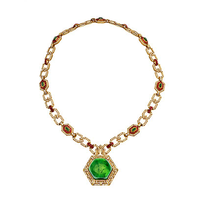 Sautoir in gold with rubies, emeralds and diamonds, ca. 1970. Formerly in the collection of Leonard and Sophie Davis.