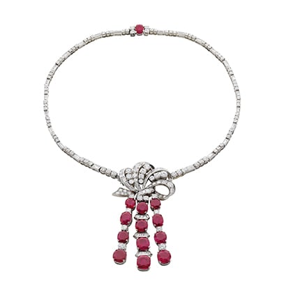 Convertible necklace-brooch in gold and platinum with rubies and diamonds, ca. 1955.