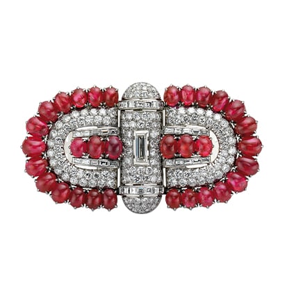 Triple brooch combination in platinum with rubies and diamonds, ca. 1930. Formerly in the collection of Princess Esmeralda Ruspoli.