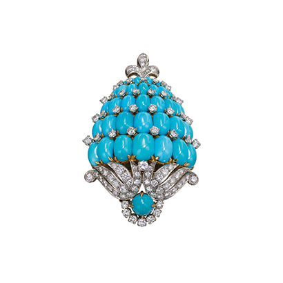 Brooch in gold and platinum with turquoises and diamonds, 1968.