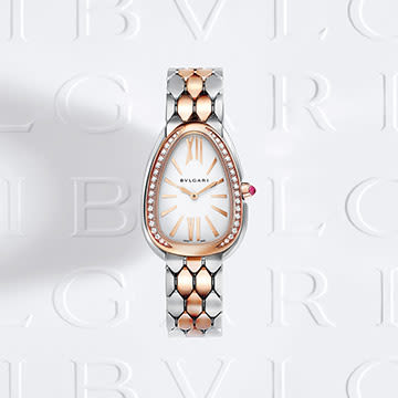 Serpenti rose gold watch, white Bulgari logo backdrop.