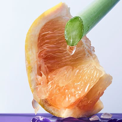 Pink grapefruit, the top notes of the Omnia Amethyste fragrance, creative shot.