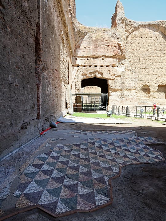 Floor fan-shaped mosaic at the Roman Caracalla Baths whose restauration has been funded by Bulgari.