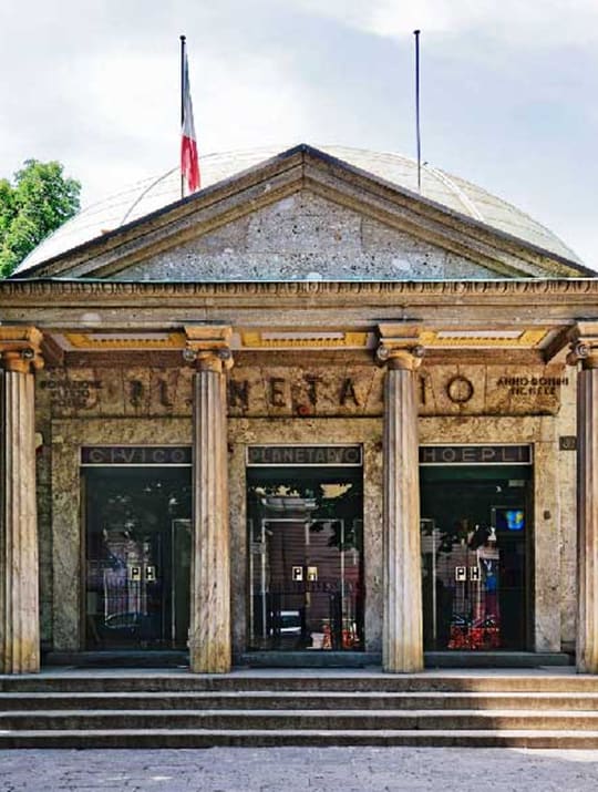 Facade of the Planetarium Ulrico Hoepli in Milan, part of Bulgari's patronage initiatives.