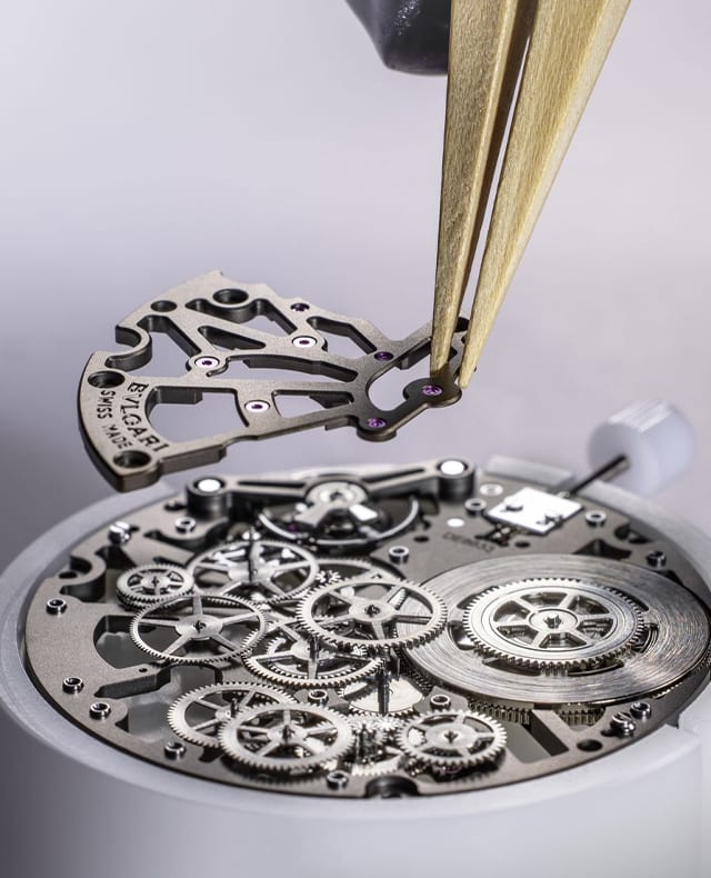 Making of an in-house Bulgari manufacture watch movement, close up.