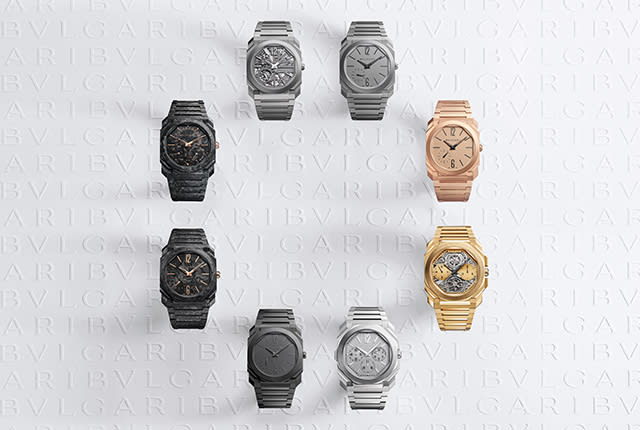 Octo Finissimo watches with different calibers and materials arranged in a circle, white logo backdrop.