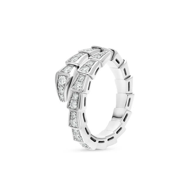Serpenti Viper 18 kt white gold double layer, wrap band ring set with pavé diamonds.