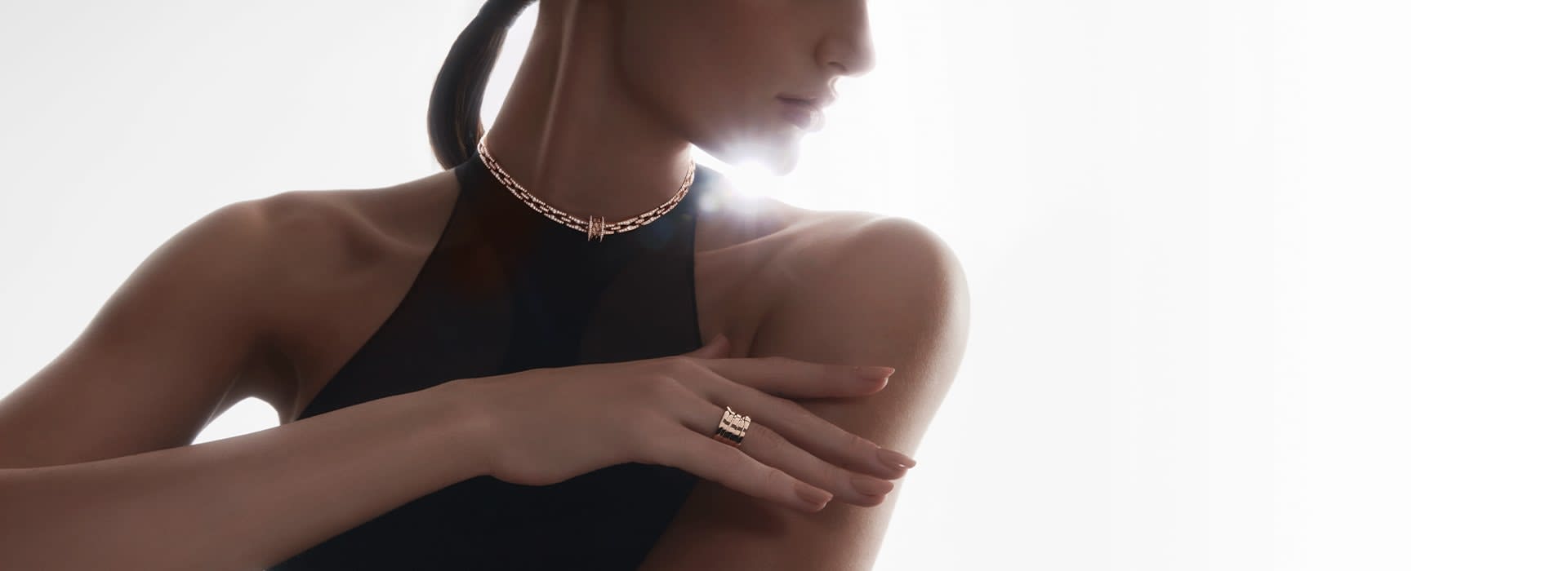 Model wearing multiple B.zero1 gold rings for the Bulgari Icons campaign.