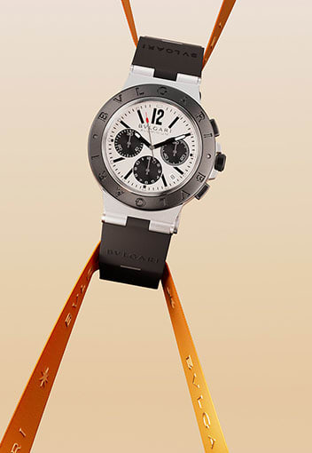 Bvlgari Aluminium watch. Creative shot with ribbon.