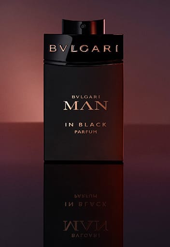 Bottle of the Bulgari Man in Black fragrance for men, creative close up shot.
