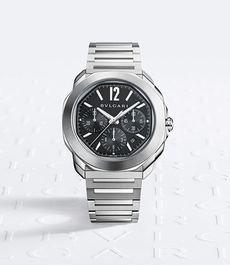 Octo Finissimo Automatic steel watch with blue dial and same watch on white backdrop.