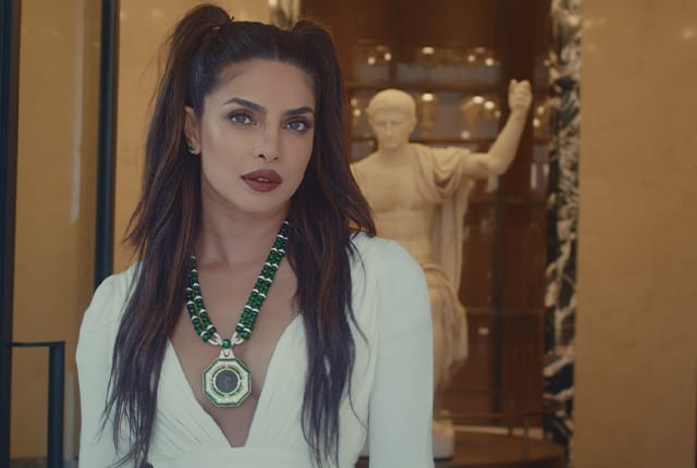 Priyanka Chopra Jonas wearing a Bulgari High Jewellery Monete necklace at the Bulgari Hotel Roma.