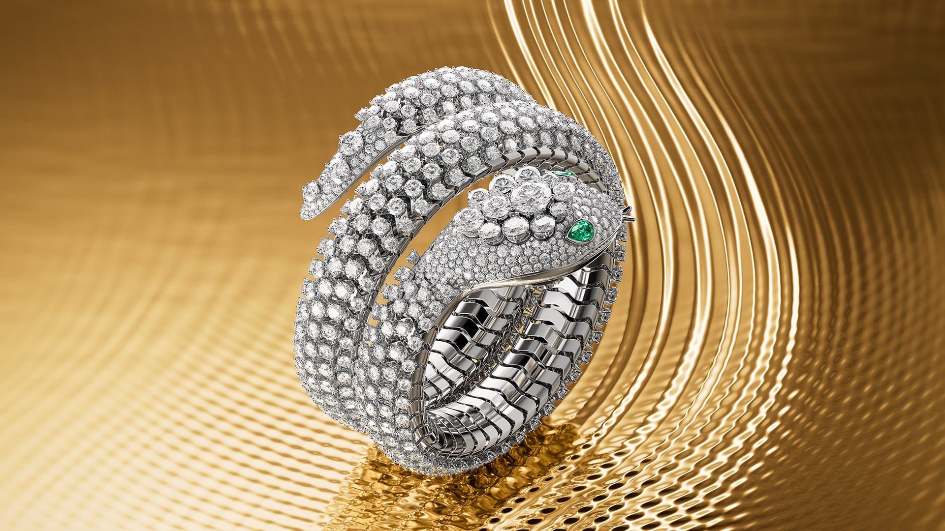 Serpenti Pallini High Jewellery secret watch in white gold entirely set with diamonds, creative shot.