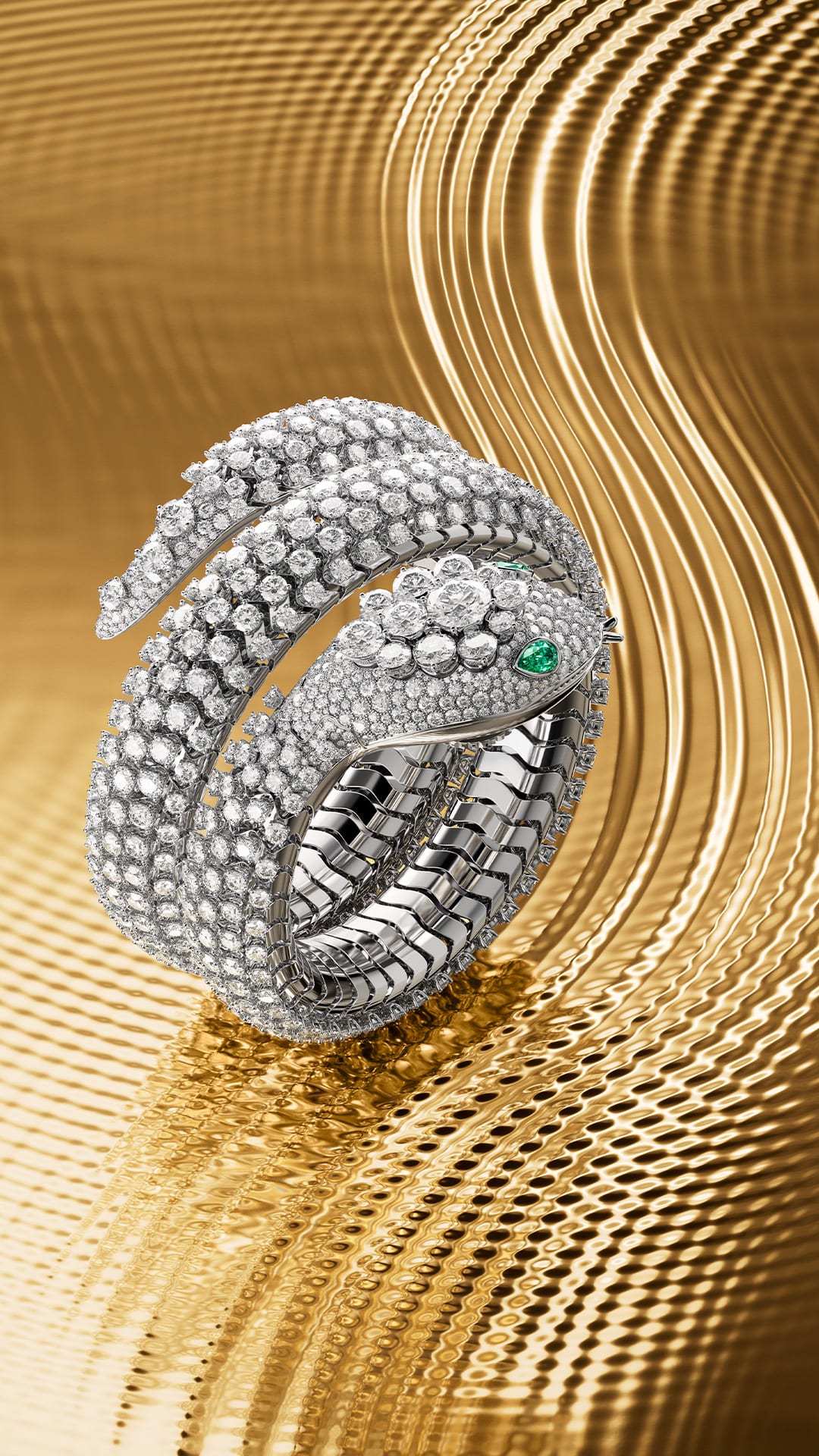 Serpenti Pallini High Jewellery secret watch in white gold entirely set with diamonds, creative shot.