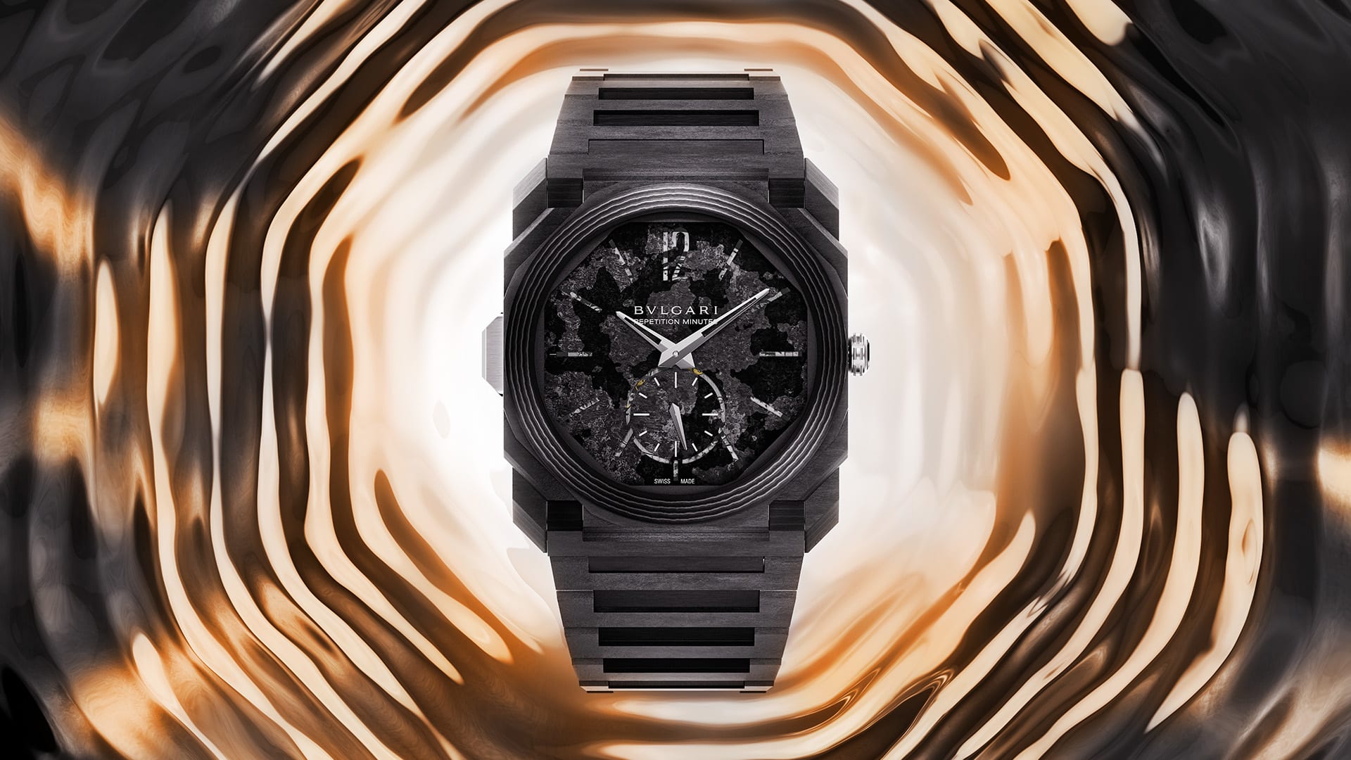 Octo Finissimo Minute Repeater ultra-thin chiming watch in black carbon with black dial, creative shot.