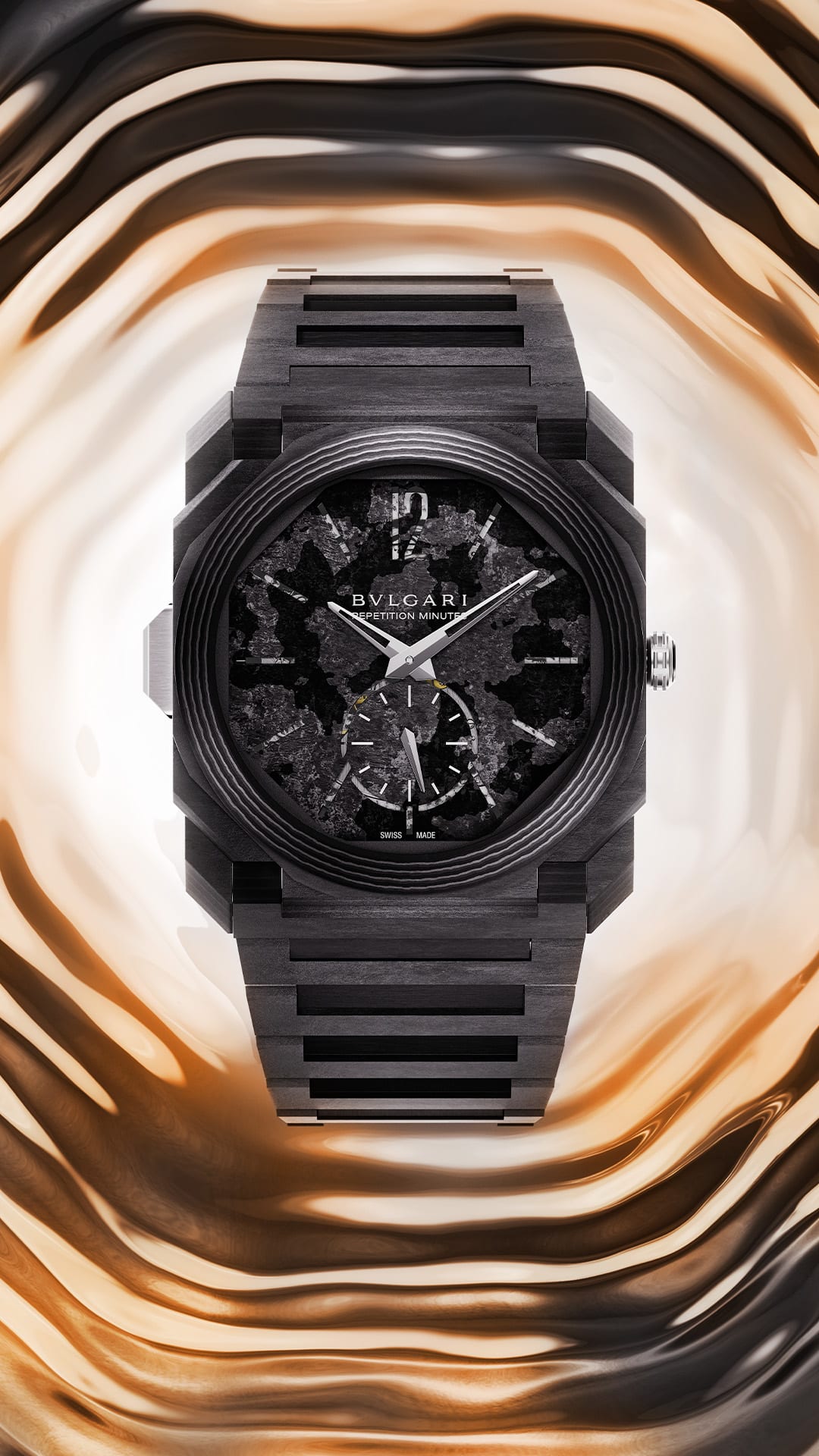 Octo Finissimo Minute Repeater ultra-thin chiming watch in black carbon with black dial, creative shot.