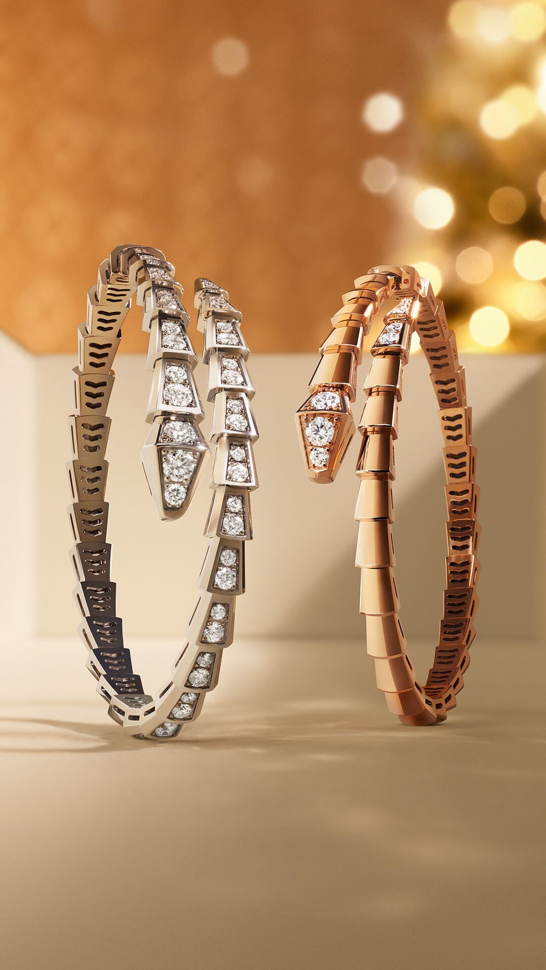 Serpenti Viper bracelets in white and rose gold with diamonds.