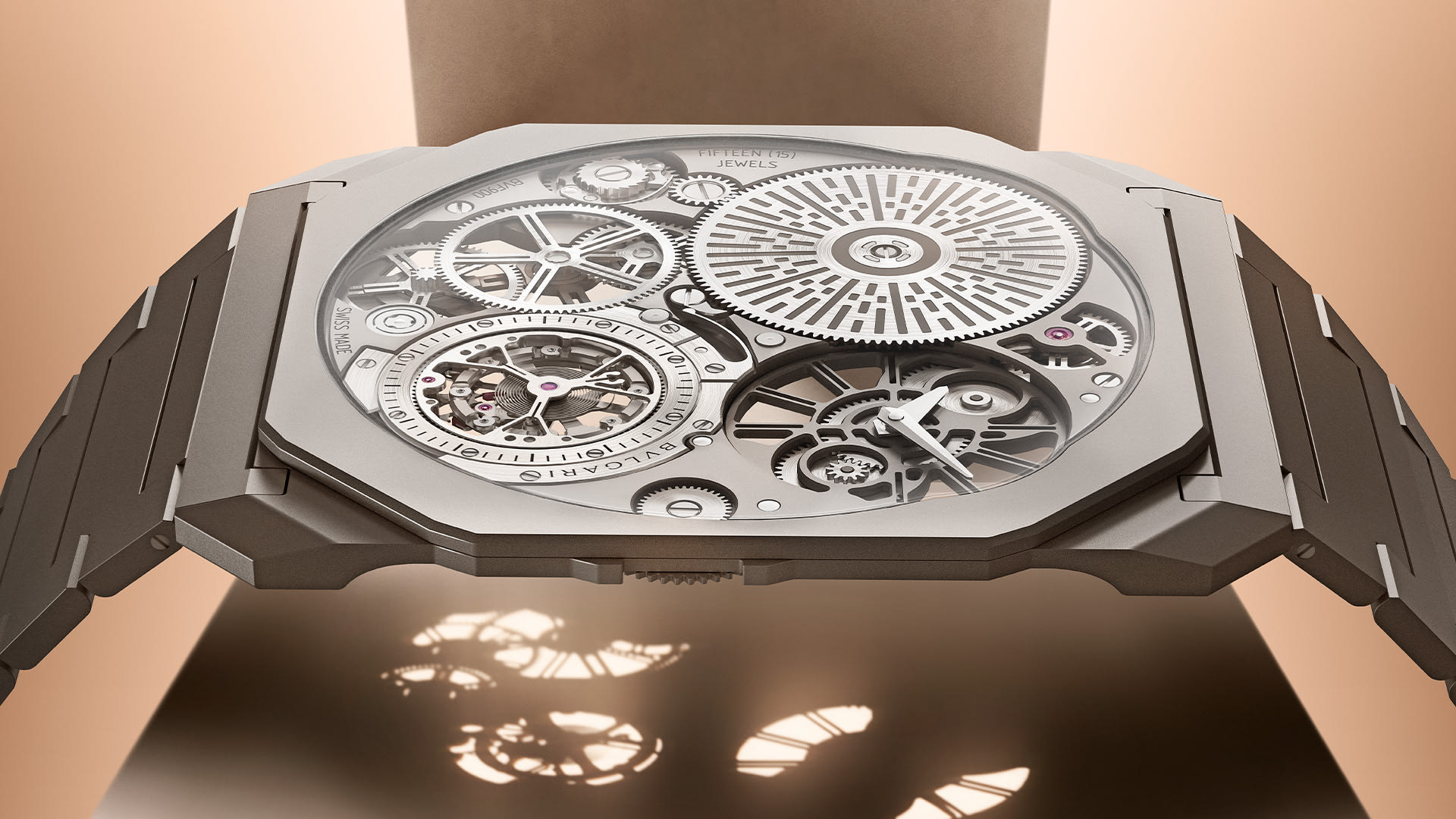 Octo Finissimo Ultra Tourbillon watch in sandblasted titanium, close up on the skeletonized dial.
