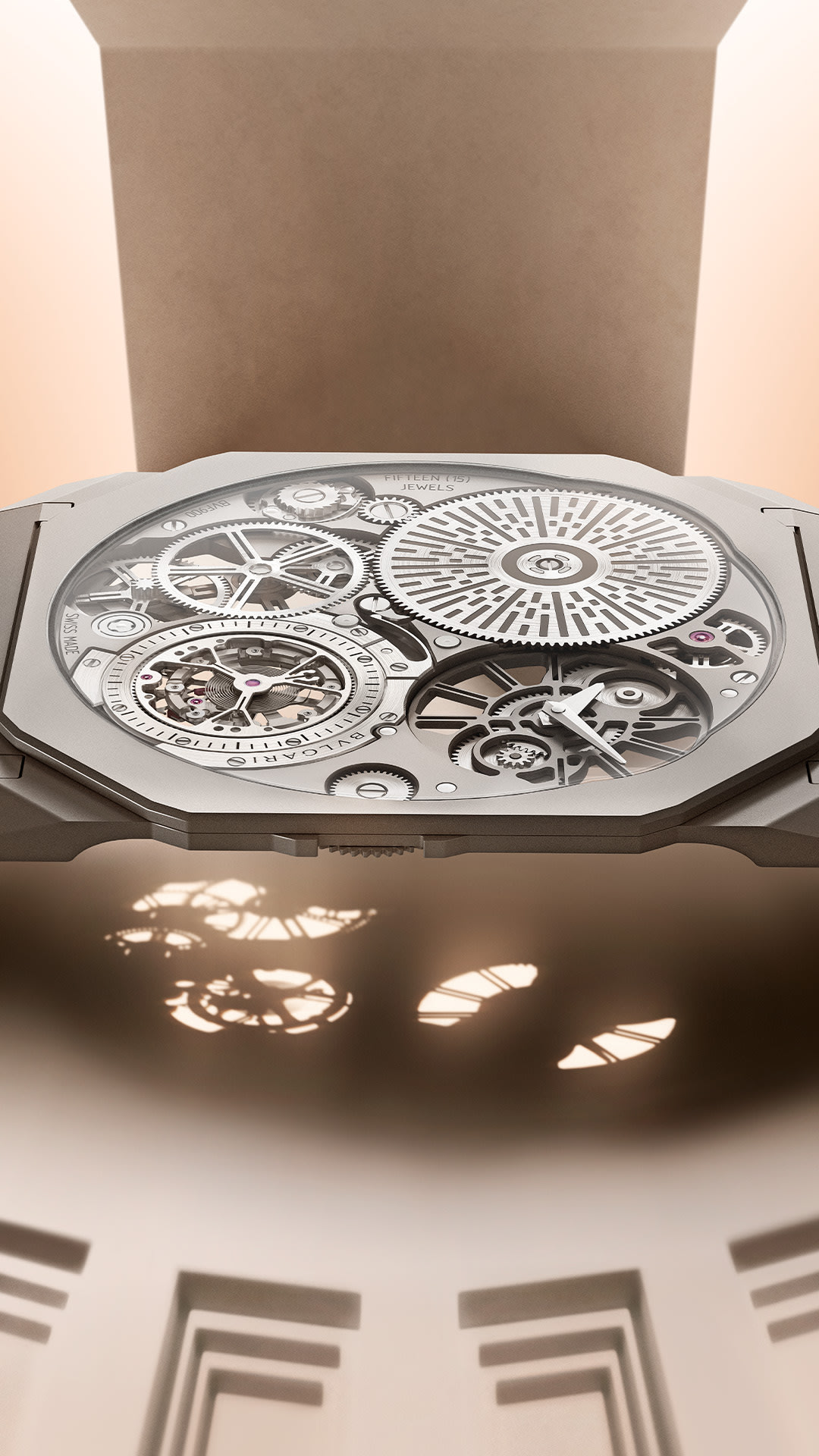 Octo Finissimo Ultra Tourbillon watch in sandblasted titanium, close up on the skeletonized dial.