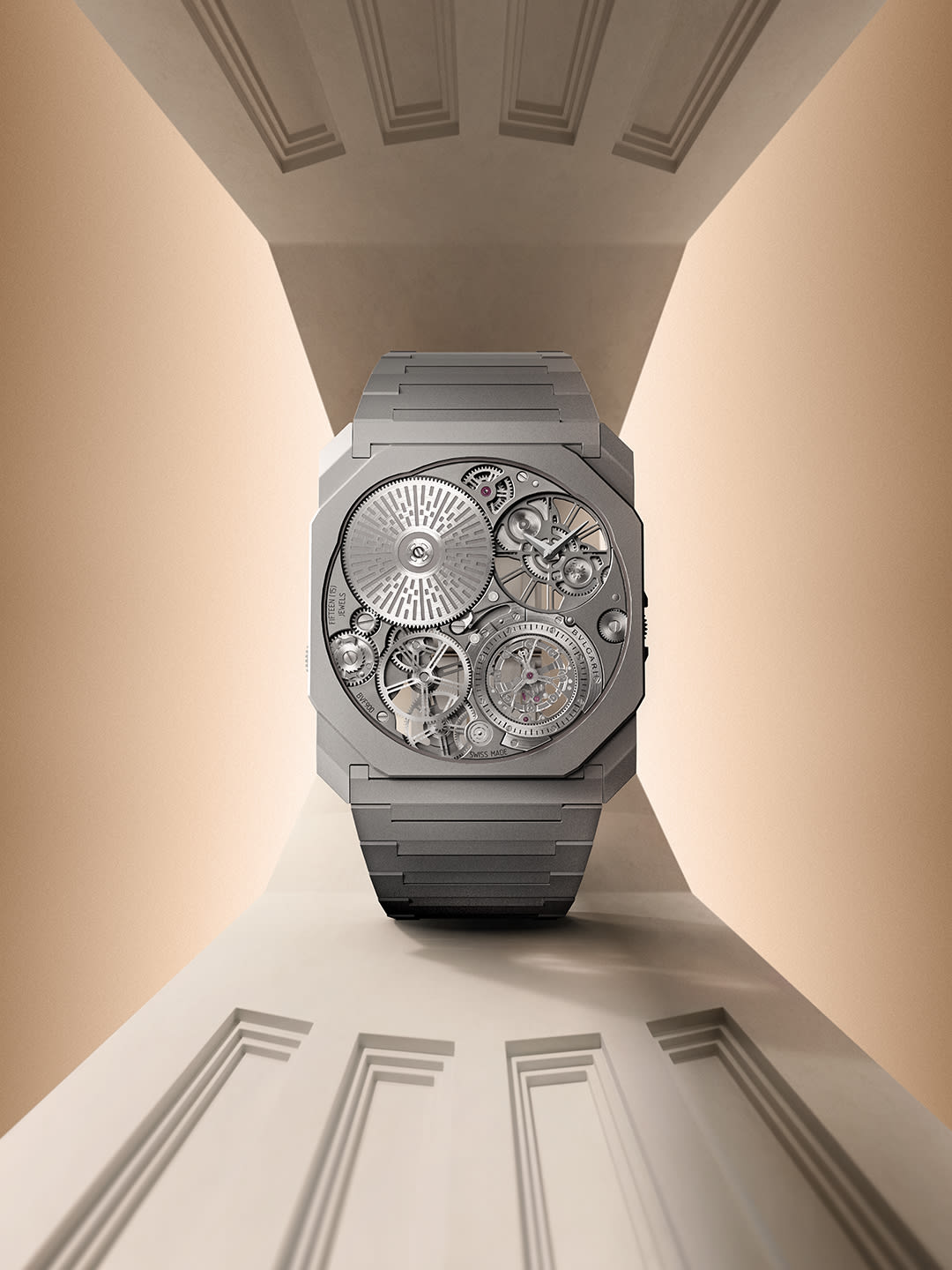 The record-breaking Bvlgari Octo Finissimo Ultra Tourbillon titanium watch with skeletonized dial.