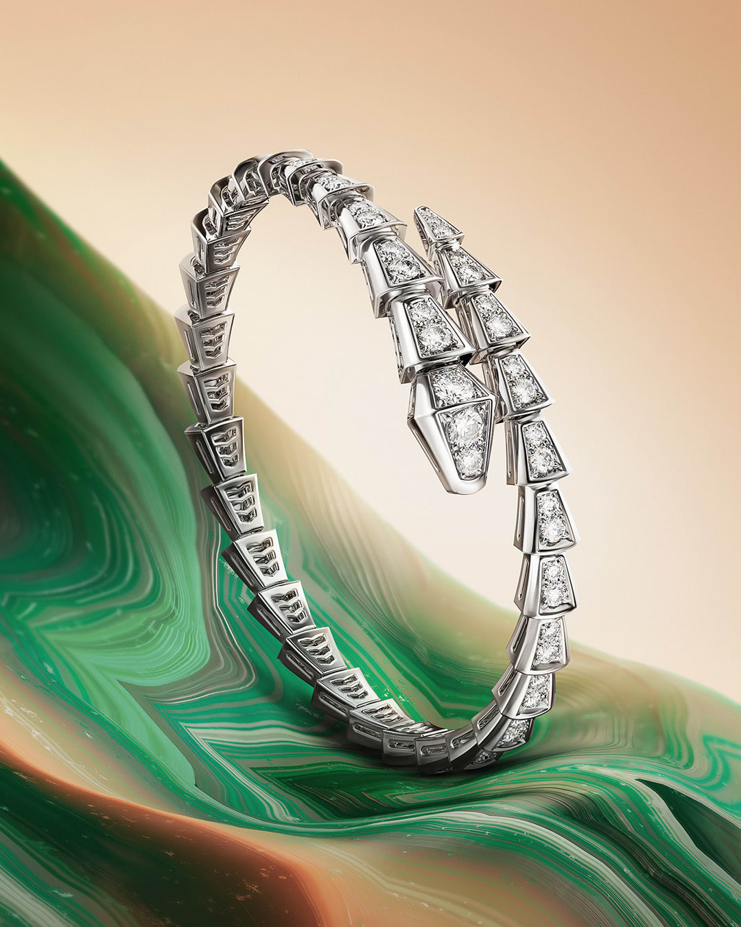 Serpenti white gold bracelet with diamonds, creative shot.