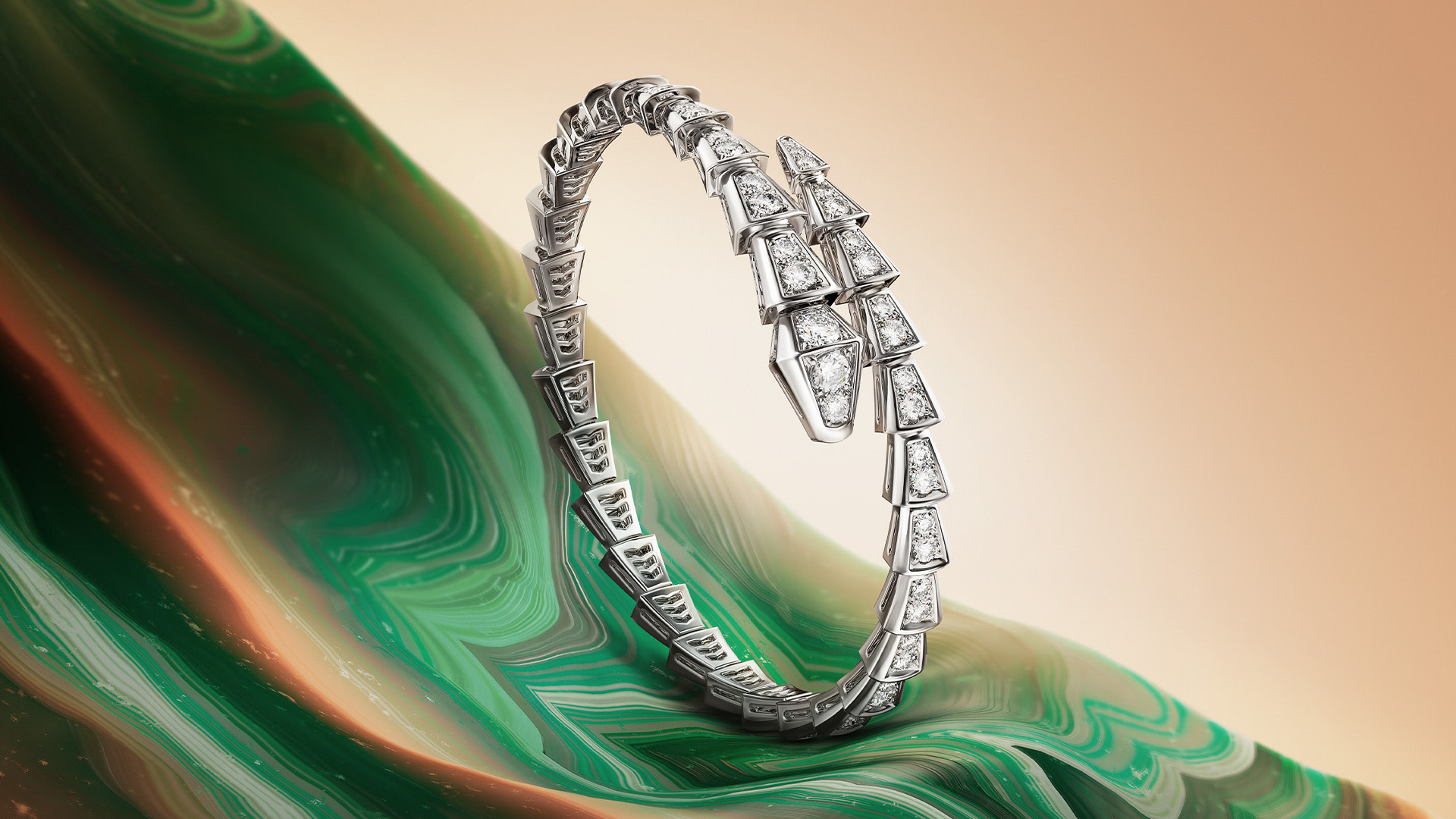 Serpenti white gold bracelet with diamonds, creative shot.