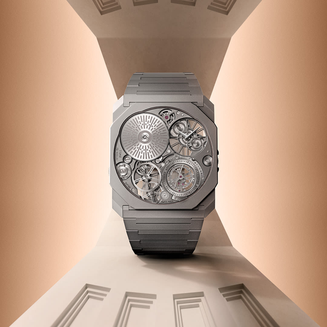 The record-breaking Bvlgari Octo Finissimo Ultra Tourbillon titanium watch with skeletonized dial.
