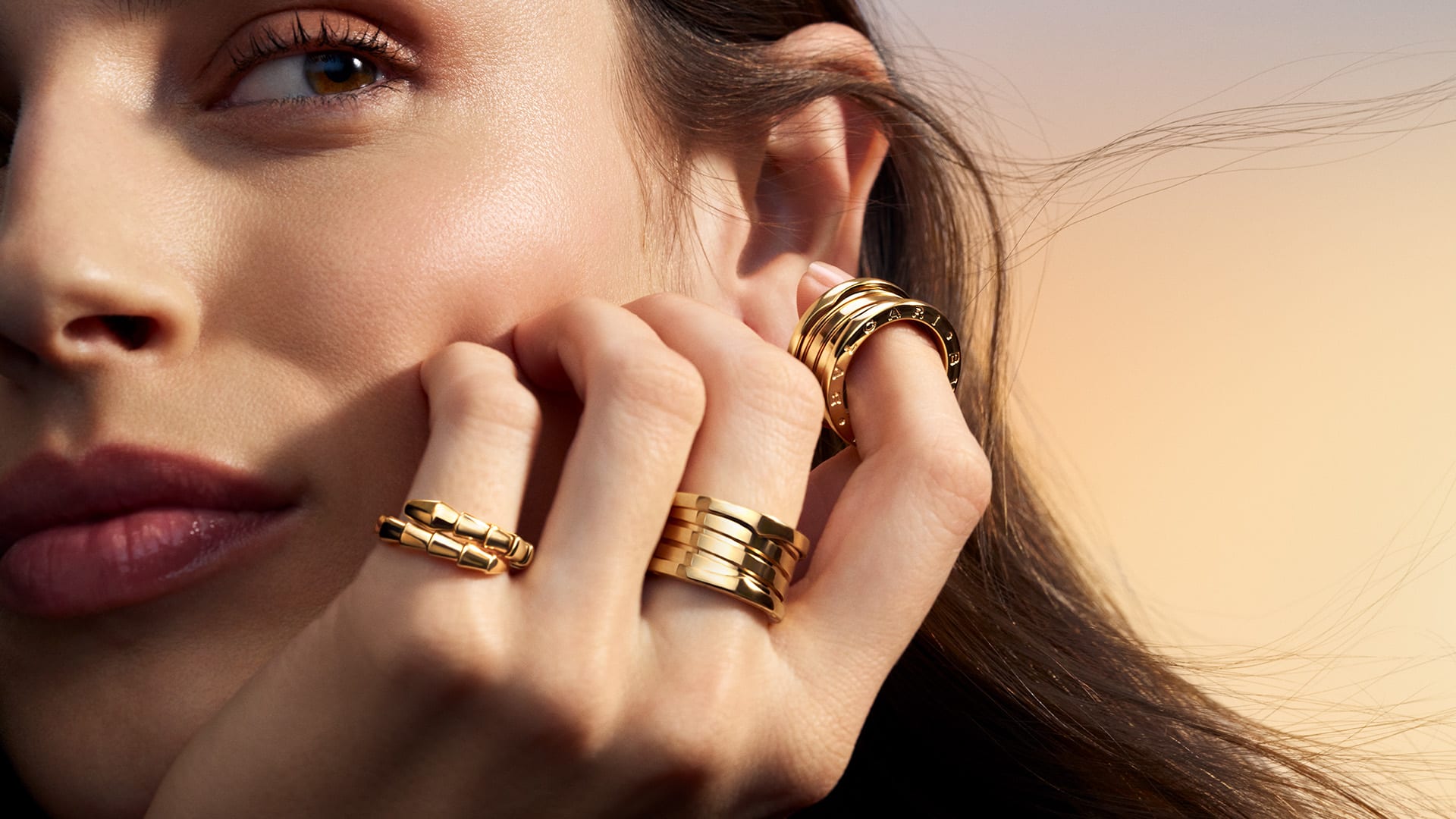 Model wearing Bzero1 and Serpenti rings.
