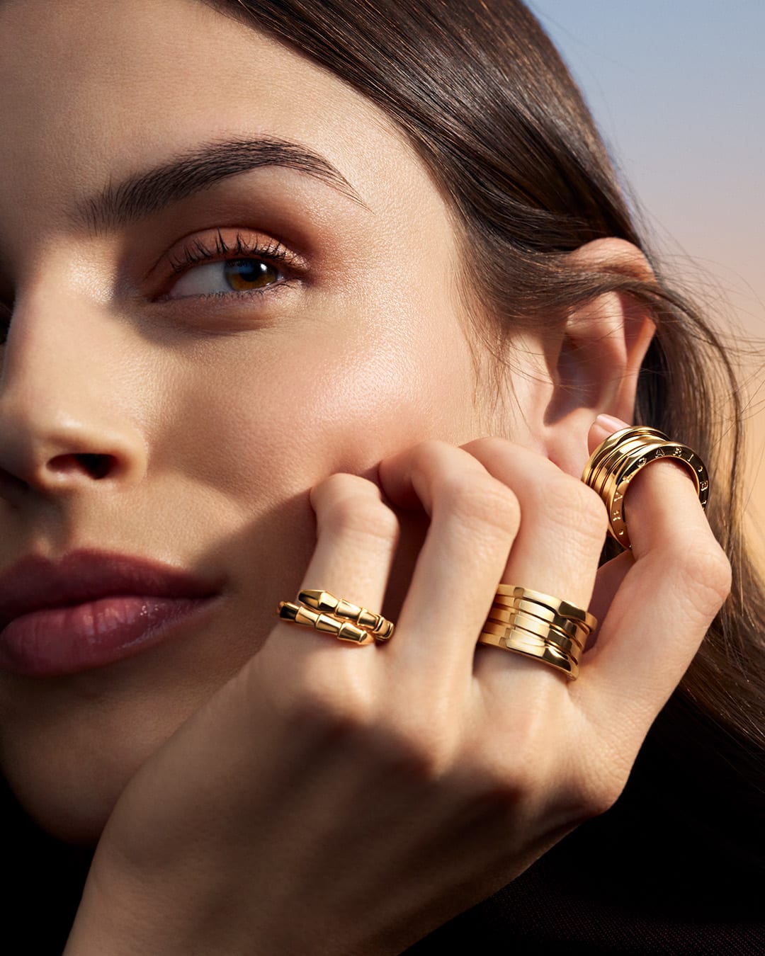 Model wearing Bzero1 and Serpenti rings.