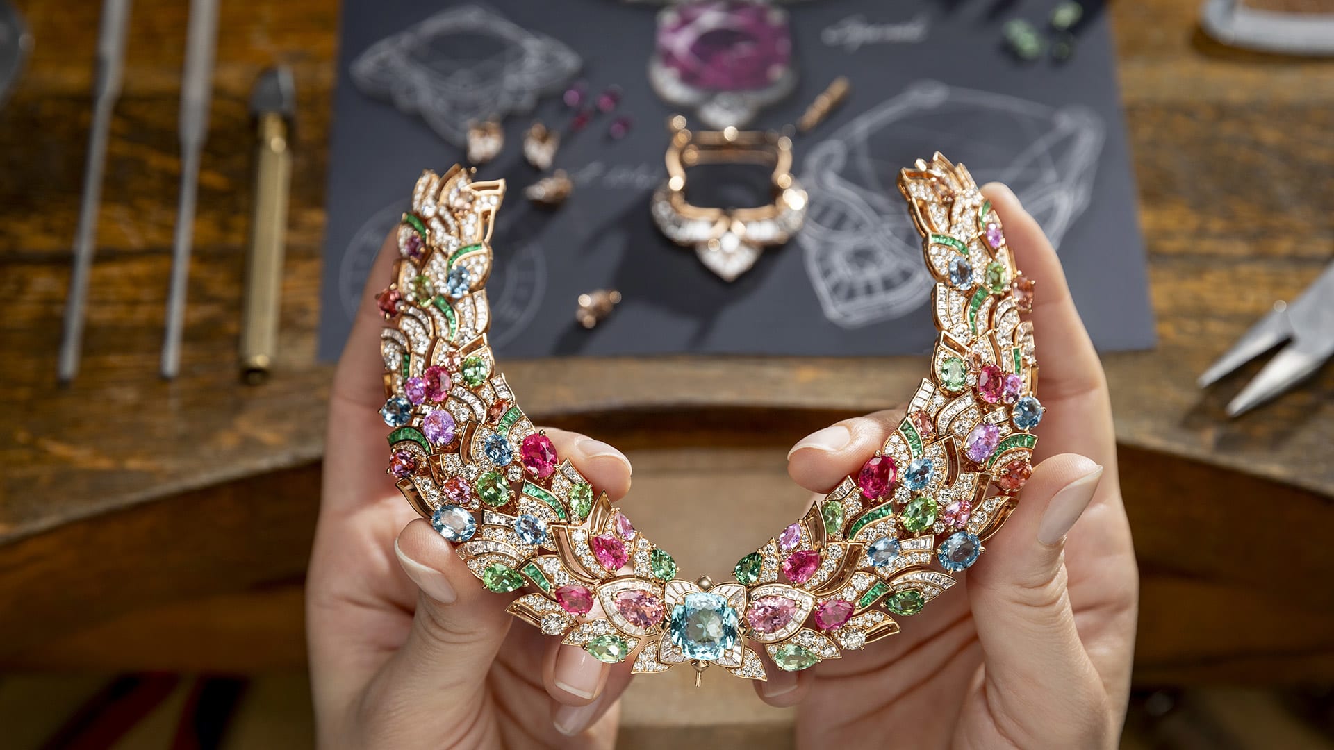 Celestial Mosaic Necklace craftsmanship picture, creative shot.