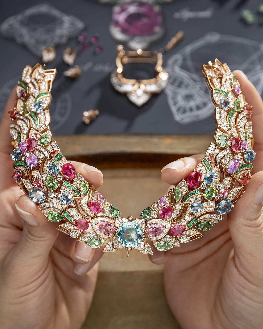 Celestial Mosaic Necklace craftsmanship picture, creative shot.