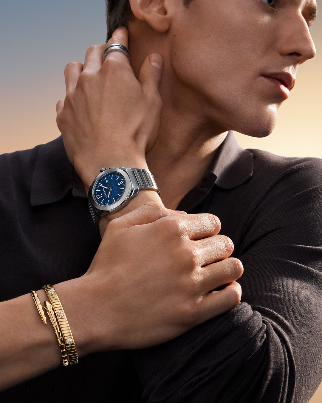 Model wearing Octo watch and Bvlgari Tubogas bracelet.