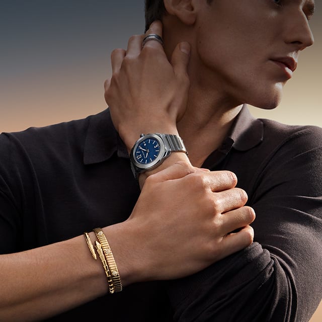 Model wearing Bvlgari Tubogas bracelet and Octo watch, Magnificent Icons.