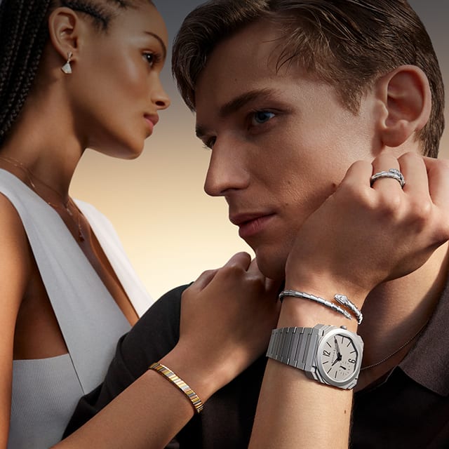 Two Model wearing Octo watch and Magnificent Icons jewellery creations.