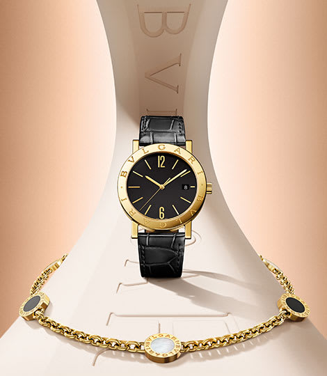 Bvlgari Bvlgari watch with yellow gold case and green marble dial, and Bvlgari Bvlgari necklace.
